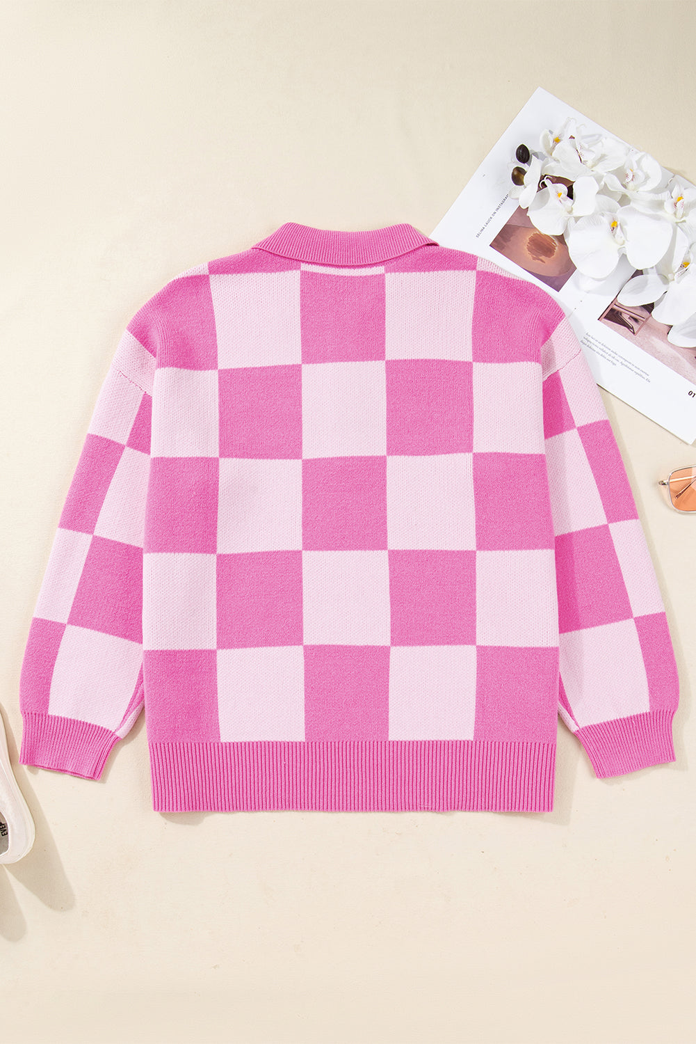 Pink Plus Size Checkered Collared Half Button Sweater Dear-Lover Dropshipping
